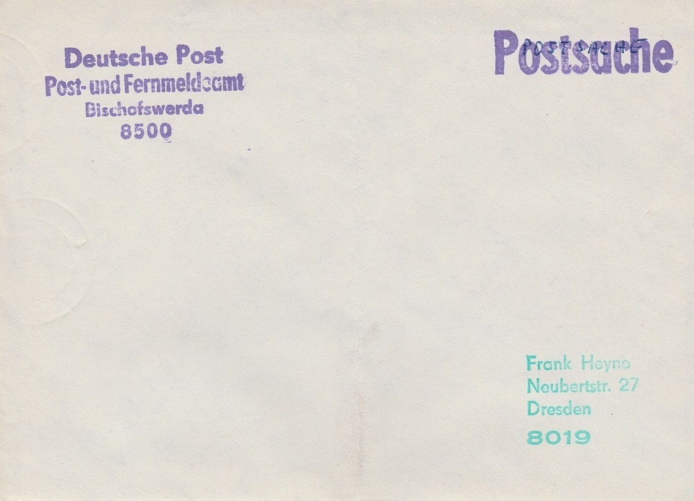 Rückumschlag vom PA Bischofswerda mit Stempel <b>Postsache</b>